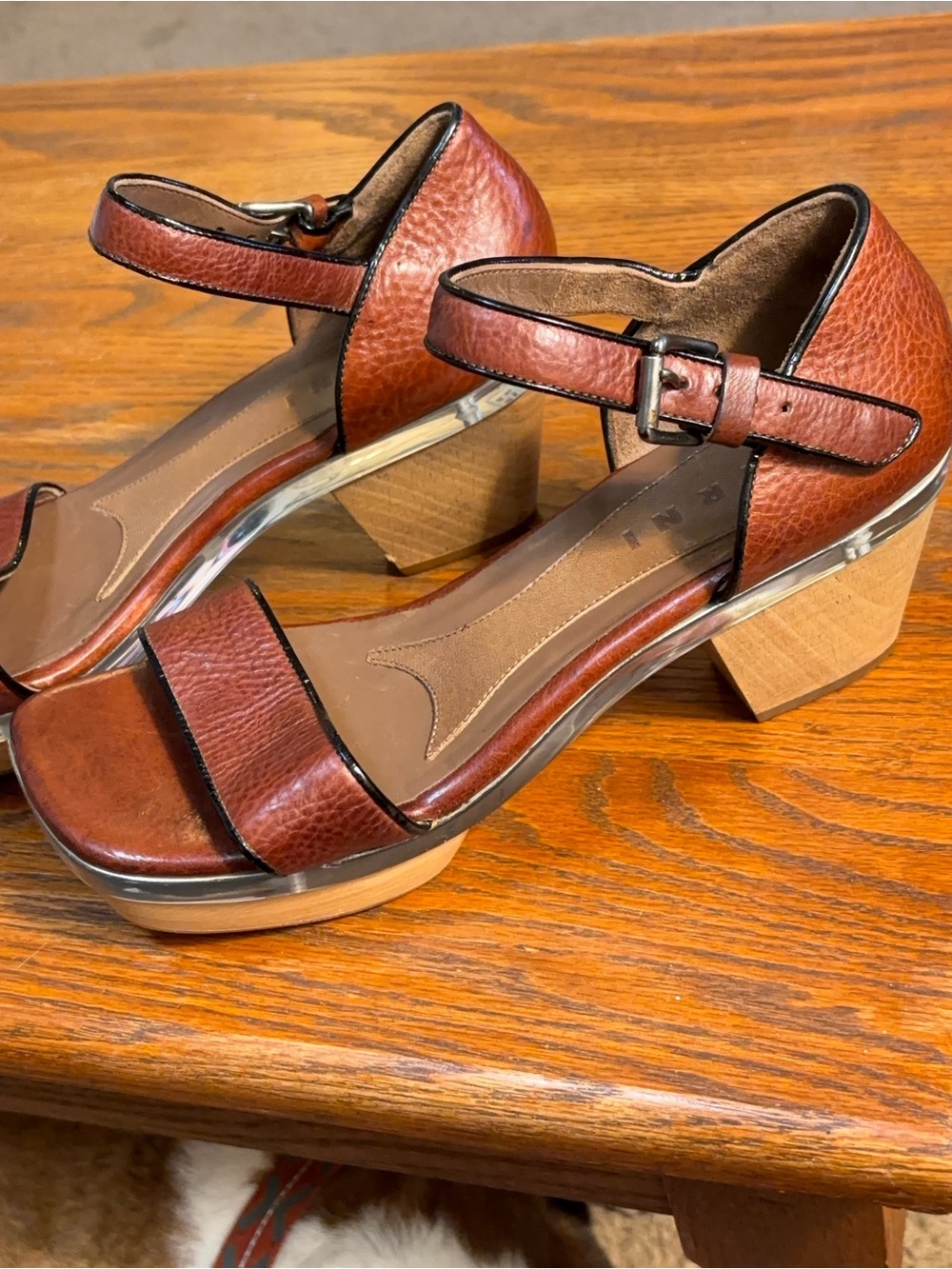 Marni Wood Platform Sandals.Brown Leather With Black Edging,  Size 39/ 8- 8 1/2